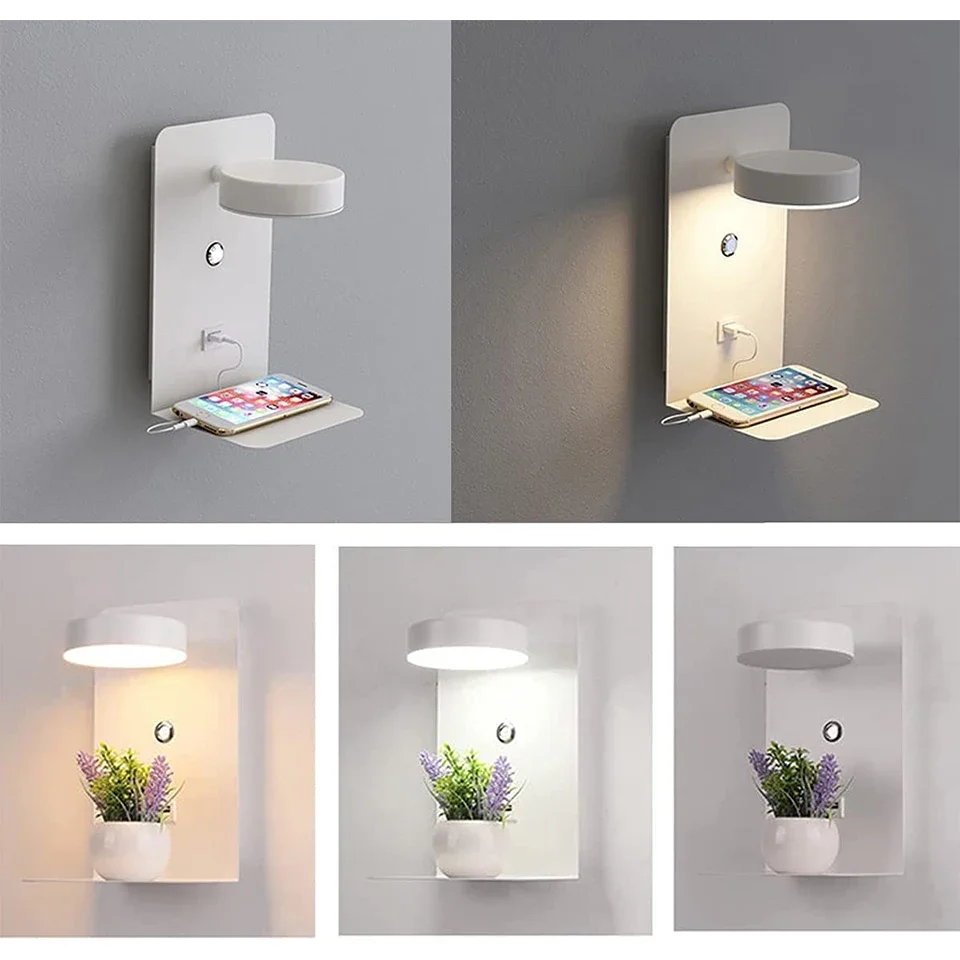 Lâmpada de parede LED com interruptor e porta de carregamento USB, corredor moderno, quarto, cabeceira, iluminação da arte, decoração, luzes, 9W, preto e branco