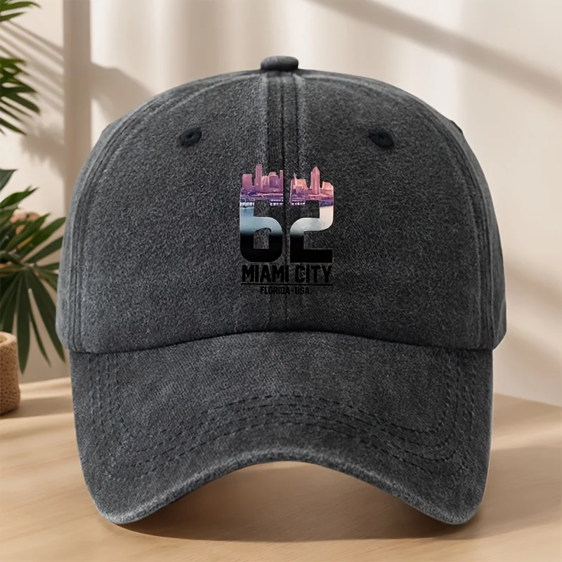 

Бейсбольная кепка MIAMI EITY 62, винтажная стираная серая, фиолетовая/синяя горизонтальная кепка с принтом, регулируемая застежка, уличная/повседневная/спортивная/пляжная кепка