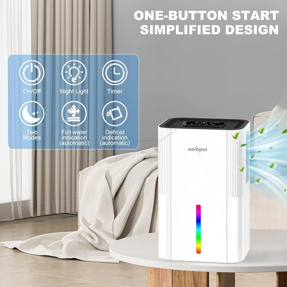 휴대용 제습기 95온스 물탱크 자동 차단 저소음 작동 1000제곱피트 컬러 LED 조명 포함