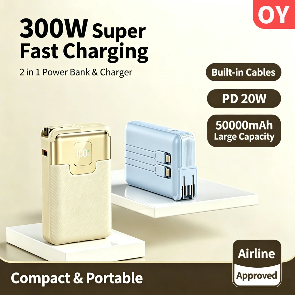 OY 3Ccertification can be used for aircraft AC plug power bank 50000mAh super fast charging with built-in cable