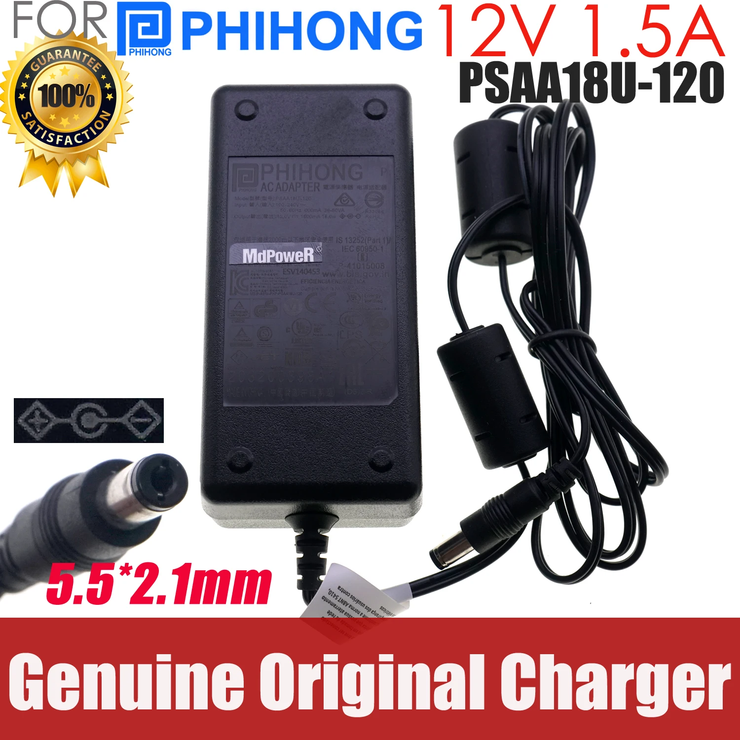 

Original Phihong DATALOGIC BC9030 8-0935 Power Supply 90ACC0194 12V-1500mA 12V 1.5A 5.5*2.1mm PSAA18U-120