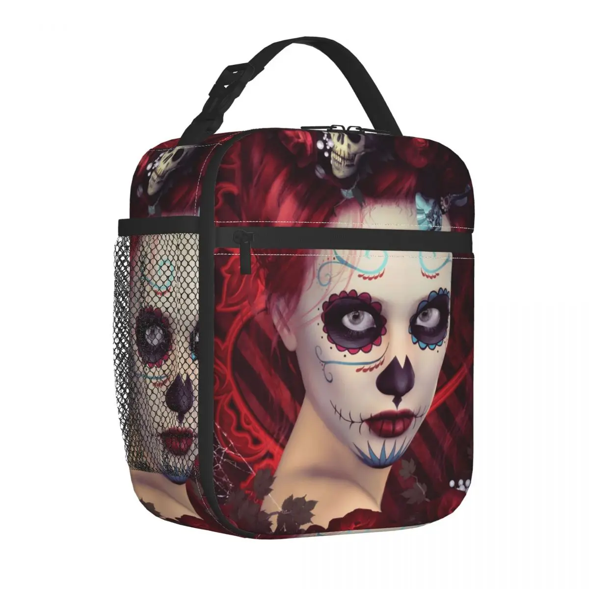 Sugar Doll Red Dia De Muertos Insulated Lunch Bag for Women Waterproof Mexican Gothic Skull Cooler Thermal Lunch Tote Travel