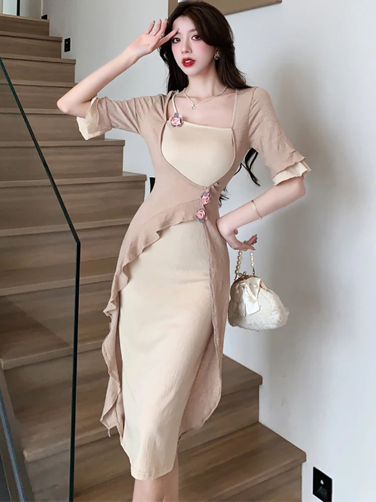 Women Fashion Patchwork Fake Two Piece Midi Dress Summer Short Sleeve Square Collar Ruffled Dress 2024 Korean Elegant Prom Dress