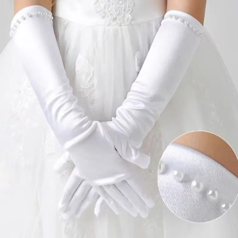 Gloves Children Satin Pearl White Full Finger Long Flower Girl Bridal Dance Performance Child Size Soft Lightweight Elegant Show