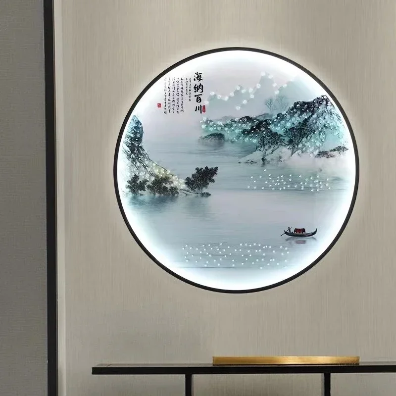 Mesa de chá fundo pintura parede lâmpada parede, sala estar entrada escada zen quarto decoração nova atmosfera chinesa