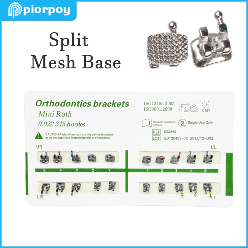 PIORPOY Dental Orthodontic Brackets Metal Braces For Teeth Split Mini Roth MBT Slot 022 Hooks 345 Ortodoncia Material 20 Pcs/Kit