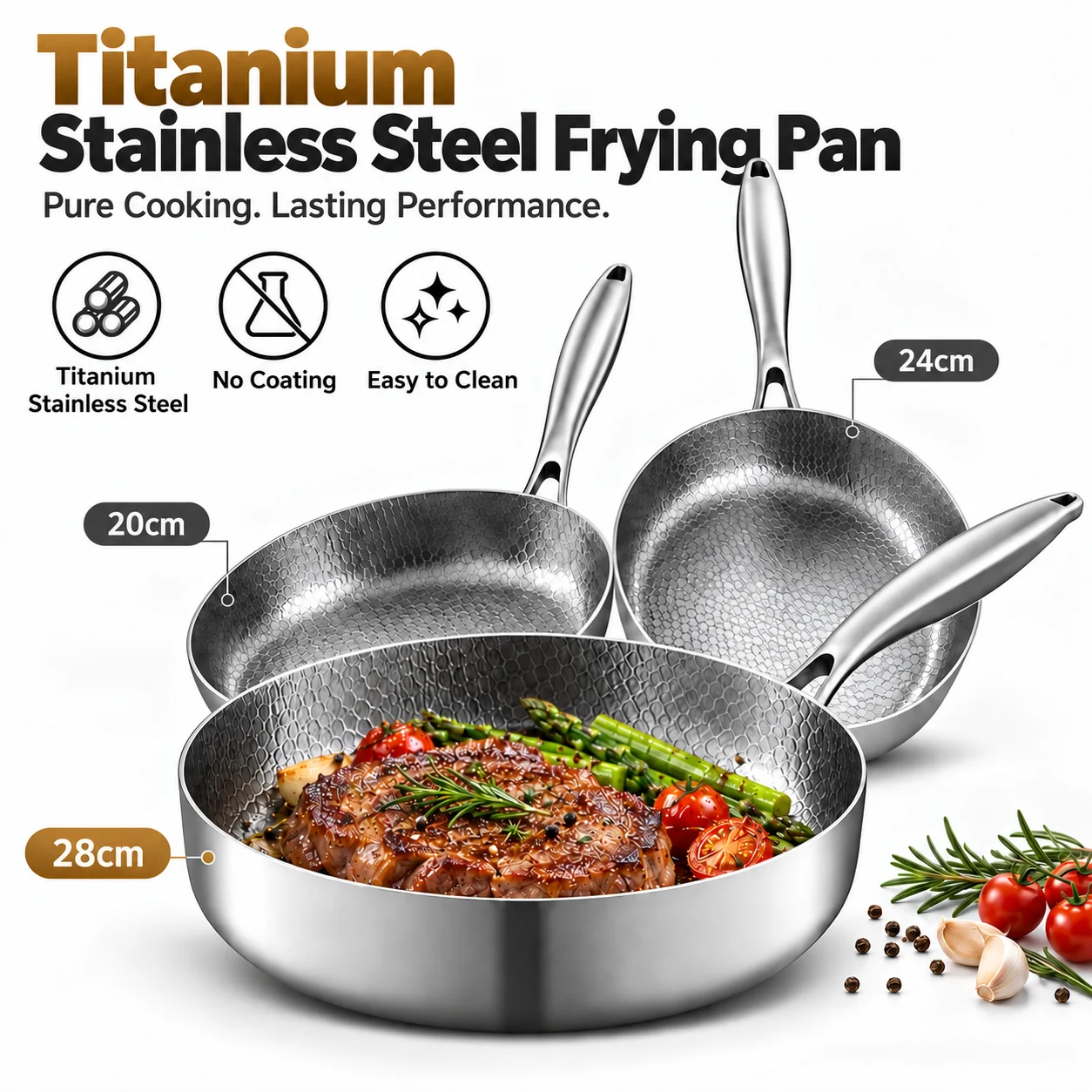 Uwhise 20/24/28cm Hammered Titanium Skillet Metal Utensil Safe Uncoated Frying Pan For Steak Eggs All Stovetops Compatible