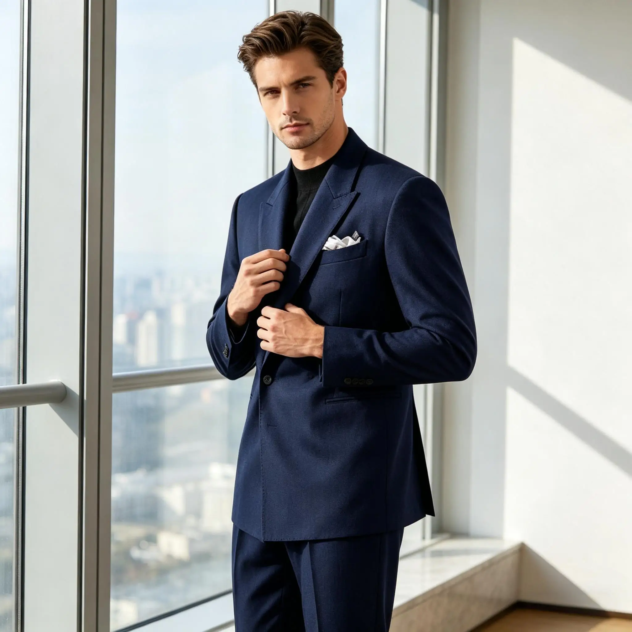 

Men's Serge Suit Set Jacket Premium One Button Peak Lapel Slim Fit Tuxedo 2 Piece Blazer Pants Casual Business Wedding Formal