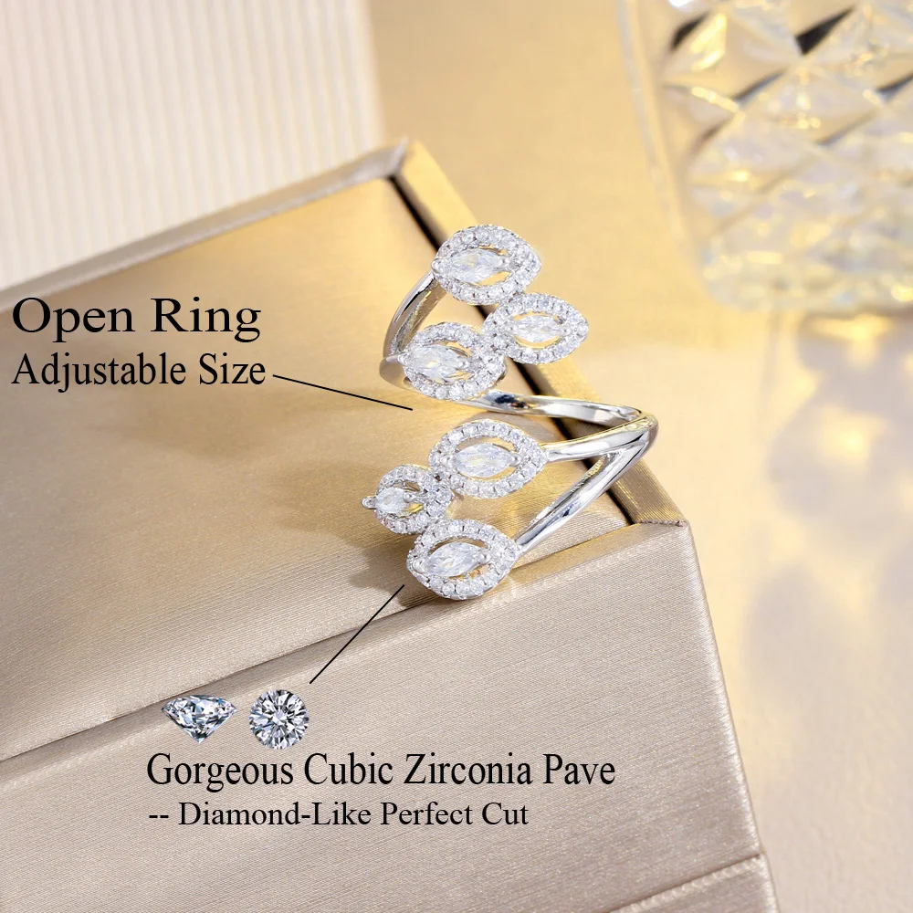 CWWZircons Adjustable Top Bling CZ Stones Leaf Shape Long Finger Rings for Women Engagement Wedding Jewelry Accessories R259