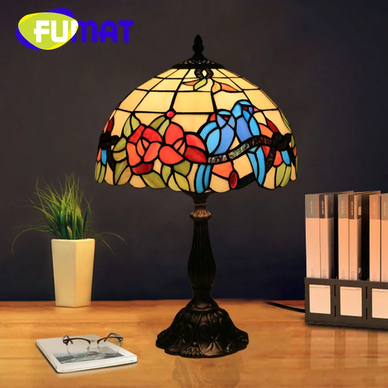 FUMAT Tiffany style Stained glass Blue bird warm rose 12-inch Desk lamp living room study Cafe bedroom Tabl lamp LED decor