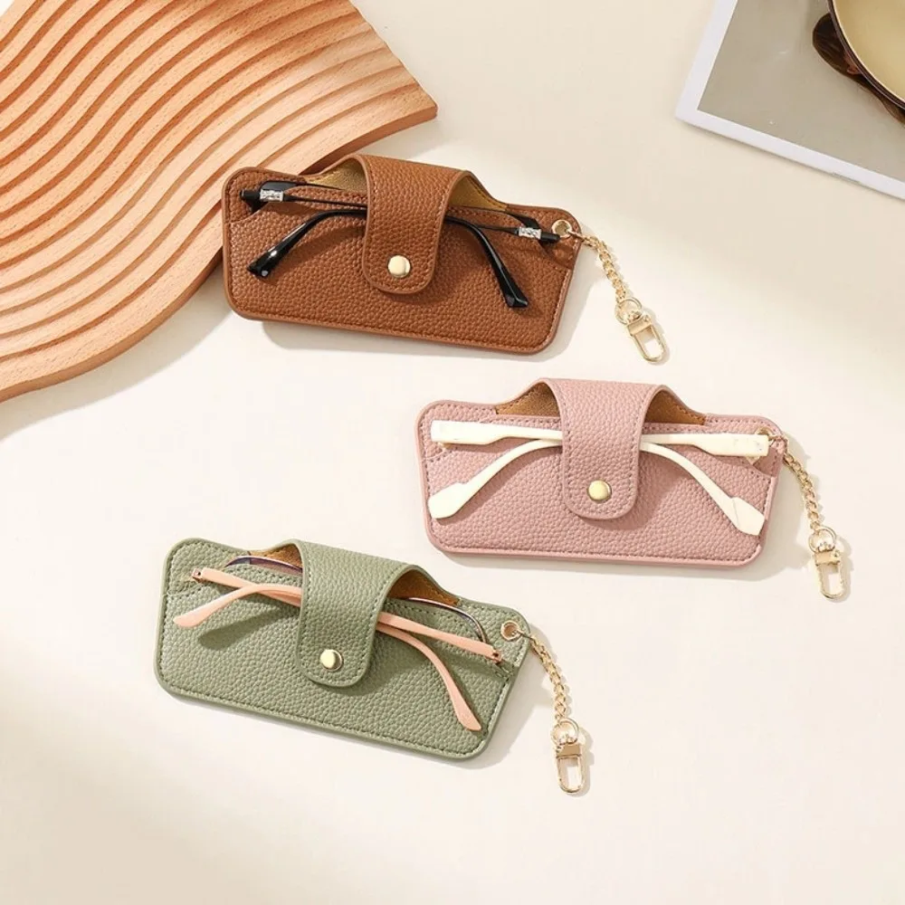 PU Leather Glasses Case Solid Color Chain Sun Glasses Spectacle Case Snap Button with Bag Pendant Eyewear Protector Student