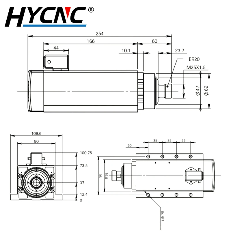 CNC Machine Spindle 2.2kw ER20 Square Air Cooled Spindle Motor 24000RPM 400hz Mounting Flange For CNC Engraving Machine Router