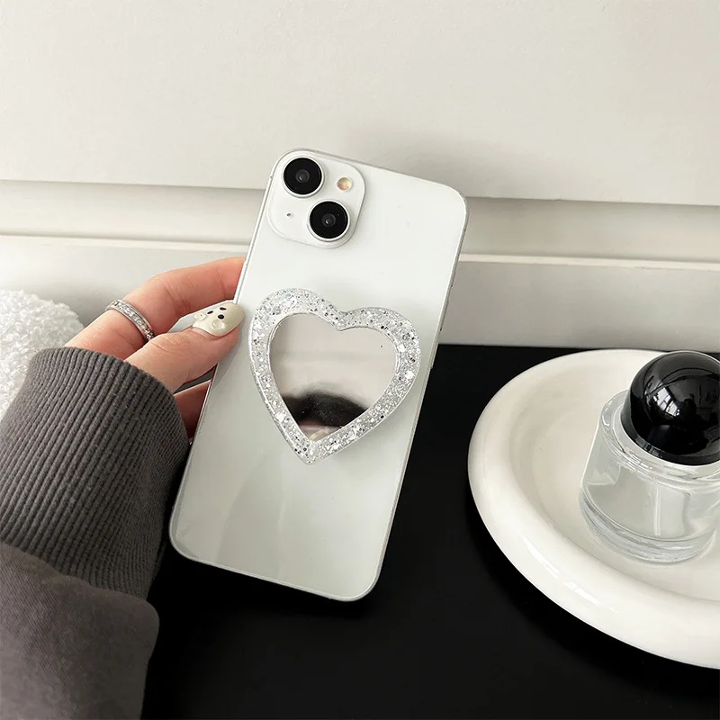 حامل هاتف لامع على شكل قلب مع مقبض توك ذكي عالمي ودعم كسول وحامل مرآة لامع لهاتف آيفون وسامسونج المحمول