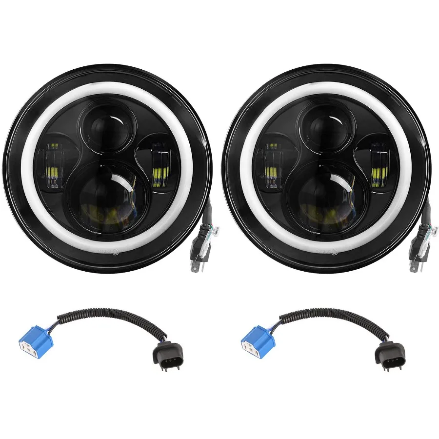 

2 x 7 6000LM Round LED light Halo Angel Eyes for Jeep Wrangler TJ JK CJ w H4 to H13 Adapter Plug and Play