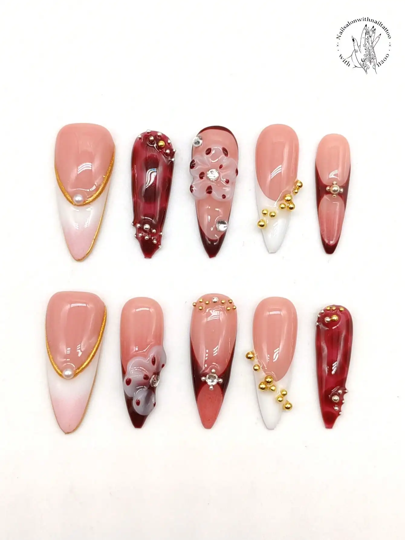 10-Piece Set 33mm Pointed Nail Artifacts French Design Style Brown Coffee White Color Palette with Raised Flowers Gold Balls Sma