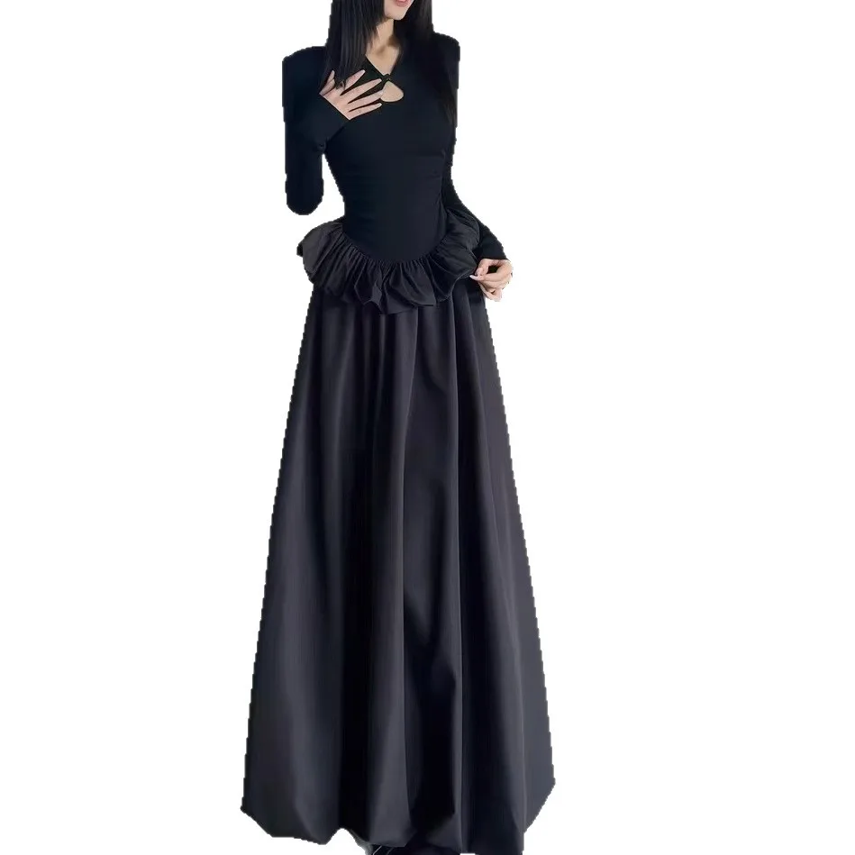 Nuevo vestido largo negro de manga larga de estilo chino con botones de nudo chino y vestido con cuello semiabierto