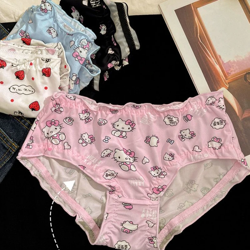 Kawaii Sanrio Hello Kitty Women Bra Panty Set Cartoon Sexy Girls Breathable Cute Underwear Sexy Cotton Panties Soft Brassiere