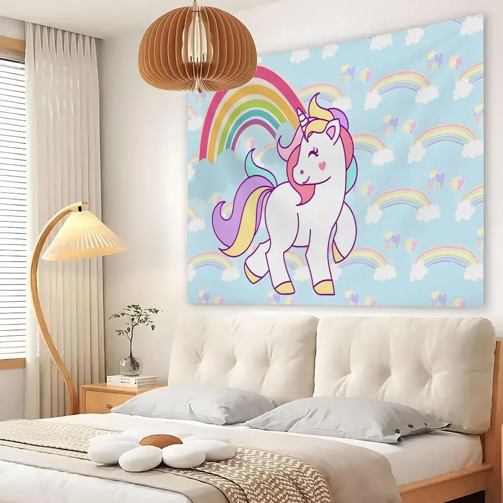 Pretty Rainbow Unicorn Tapestry Custom Living Bedroom Party Dormitory Interior Wall Bohemian Decoration Attached Clip