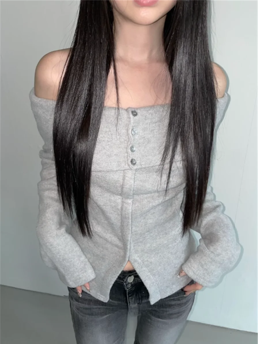 섹시하고 독특한 SEI 니트 롱 슬리브 오프숄더 버튼업 겨울 상의 한국 스타일 출퇴근 패션 레귤러 핏 싱글...