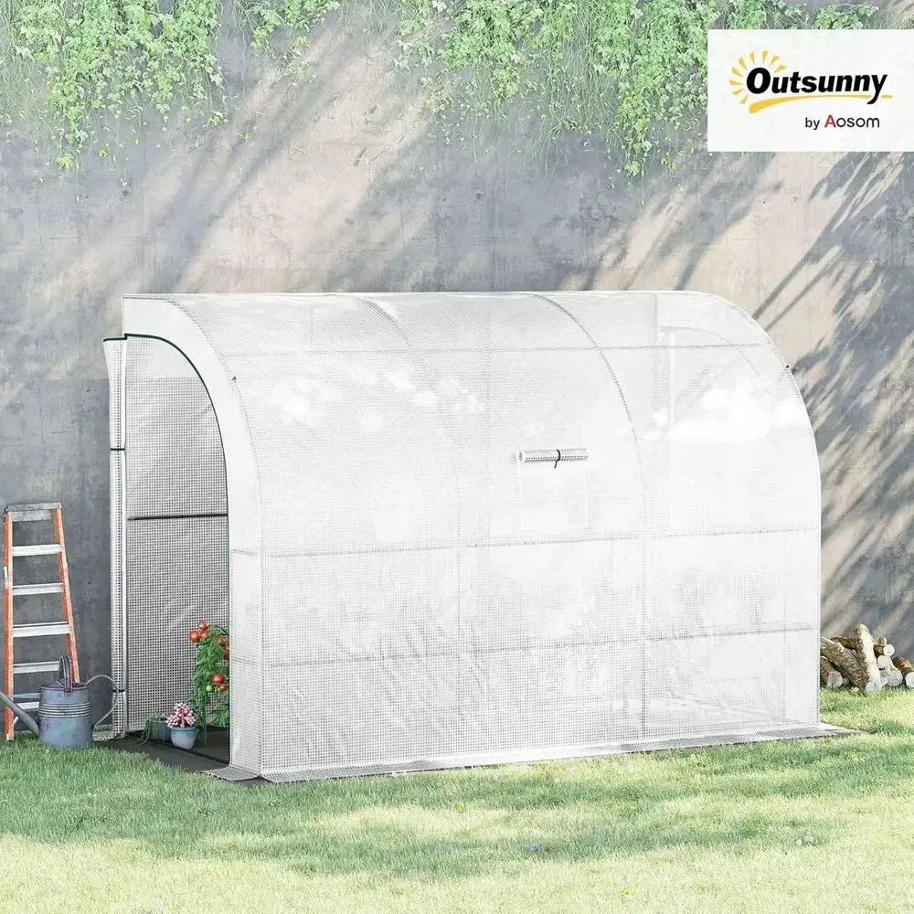 10ft x 5ft x 7ft Walk-In Greenhouse with Roll-up Doors, PE Cover, and 3 Wire Shelves, White
