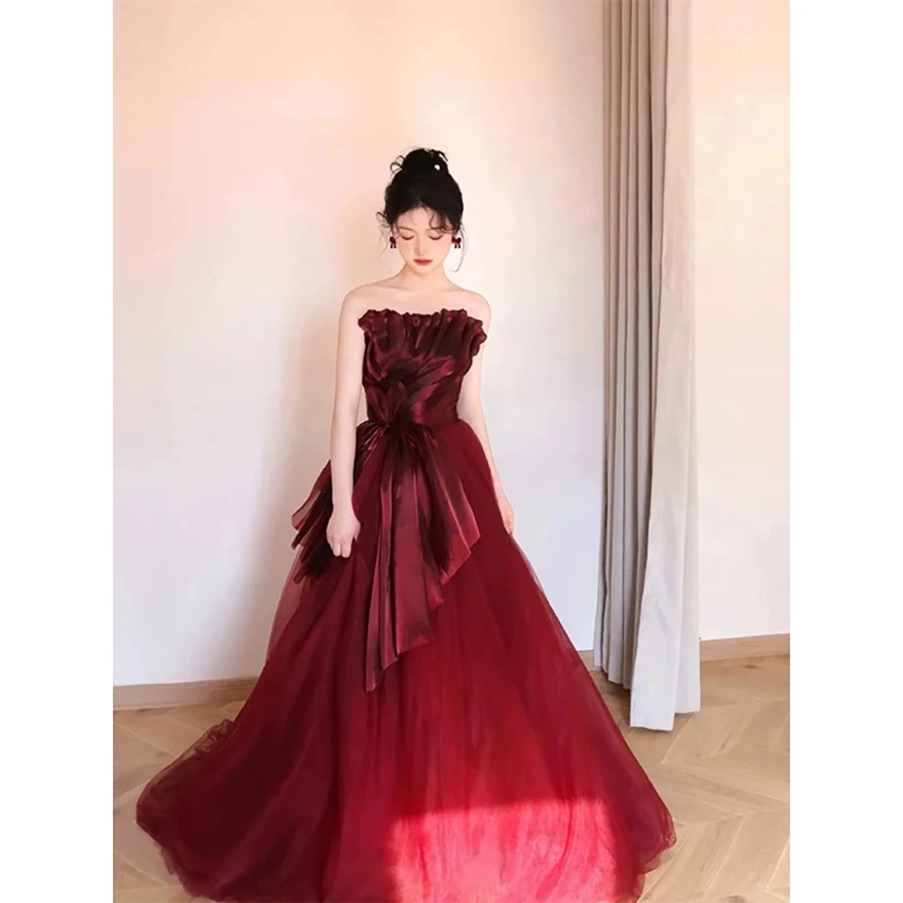 Banquet Evening Dress Women Luxury Burgundy Strapless Engagement Dress Wedding Party Bride Toast Dresses Princess Ball Gown