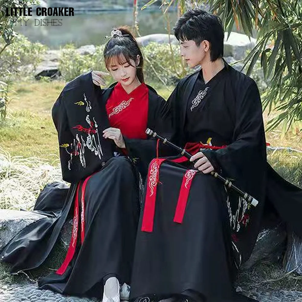 Hanfu 남성 및 여성 중국 전통 자수 블랙 Hanfu 성인 커플 할로윈 코스프레 의상 멋진 드레스 플러스 사이즈 4XL 