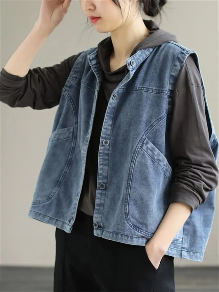 2023 Spring Summer New Denim Vest Women Big Pocket Short Jeans Jacket Sleeveless Waistcoats Loose Overcoat Female Streetwear