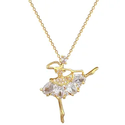 (Copper Micropaved) Ballerina Girl Necklace-Titanium Steel Chain Jewelry Zircon Angel Necklace Pendant