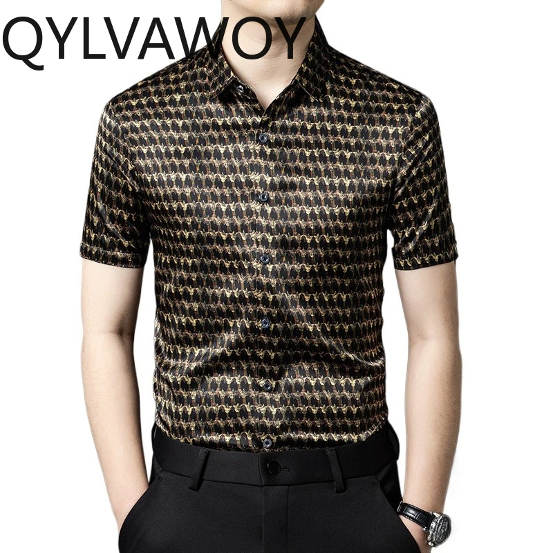 QYLVAWOY 92.5% Mulberry Silk Men's Shirts Printed Lapel Shirts for Man Short Sleeve Shirt Summer Tops Menswear Clothing Fashion
