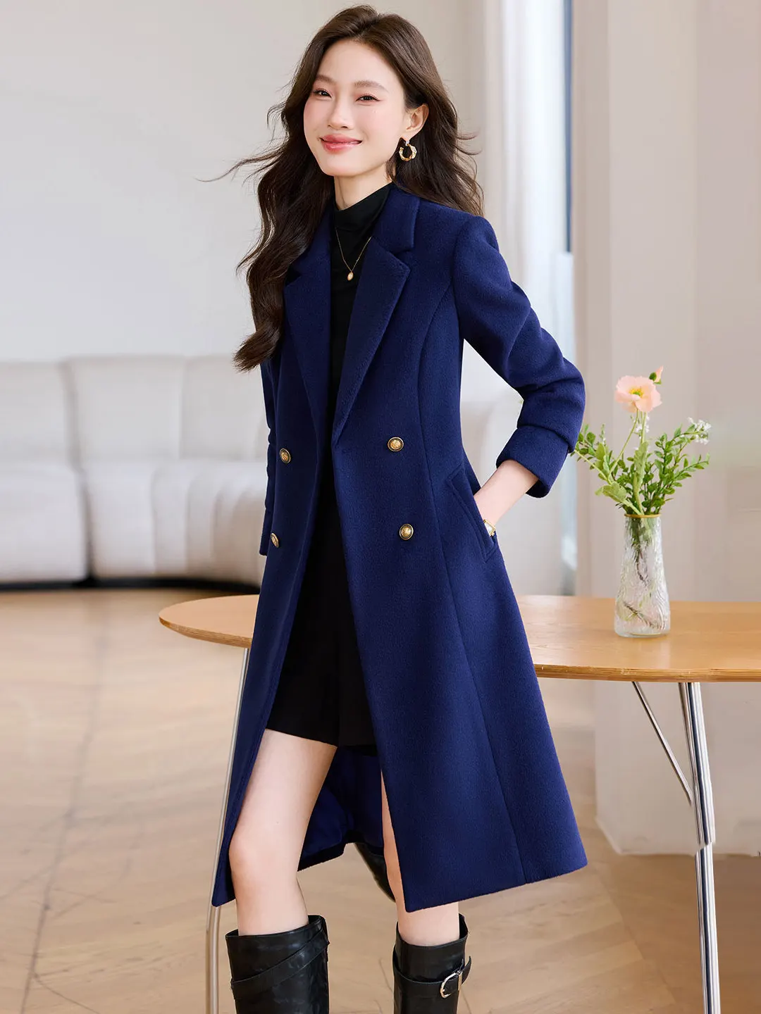 

Thickened Woolen Khaki Color Women's Coat OL Style Commute Coat Long Sleeve Suit Collar Mid-Length Single Button Closure