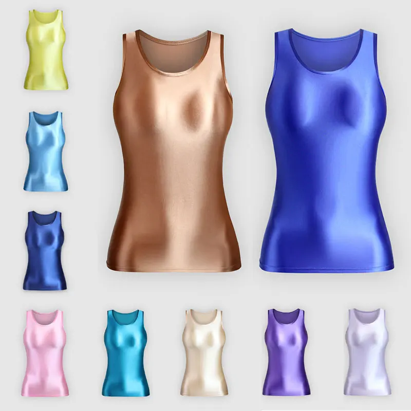 MJINM Women Sexy Shiny Glossy Sleeveless Tight Yoga Stretch Sportswear Smooth Round Neck Solid Fitness Workout Tops Casual Vests