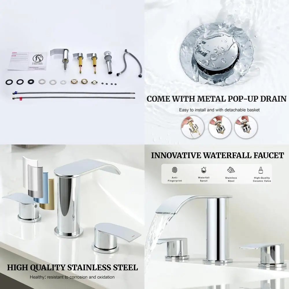 

8-дюймовый хромированный смеситель для ванной комнаты с металлической заглушкой для раковины и 2 шлангами, двухвентильный, для умывальника с 3 отверстиями