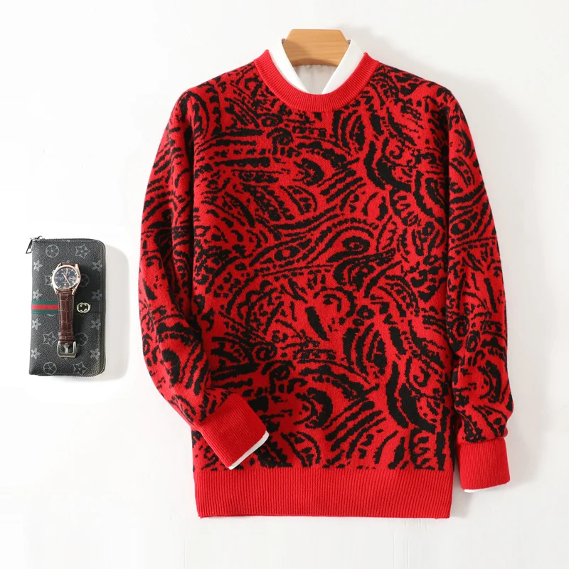 Suéter de lana de manga larga Jacquard rojo para hombres, Jersey de punto grueso, suéteres a prueba de frío, otoño e invierno, navidad