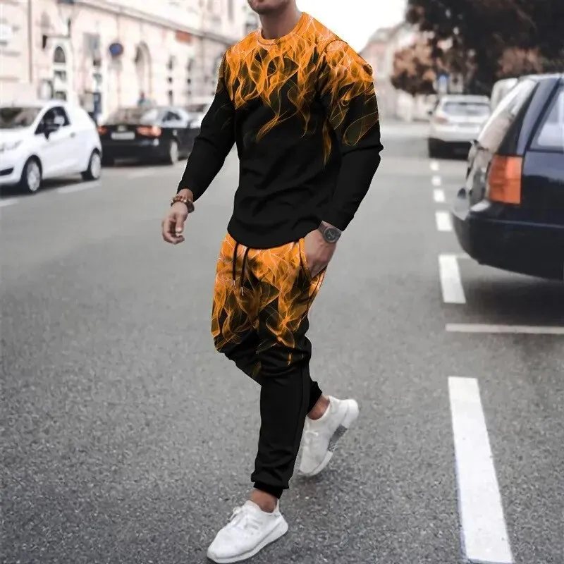 Mode 3d Farbe Flamme drucken Männer Sportswear 2 stücke Set Streetwear Langarm T-Shirt Hosen Set übergroße Pullover Mann Kleidung