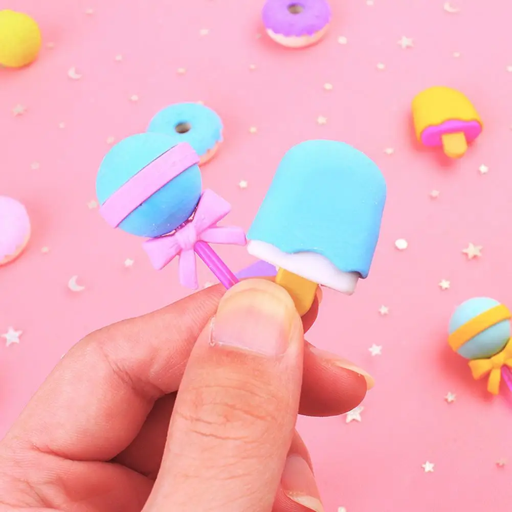 Soft Erasers Lollipop Erasers 4 Pcs Cute Food Shape Erasers Set Cartoon Lollipop Ice Cream Doughnut Toys Safe No Odor Kids