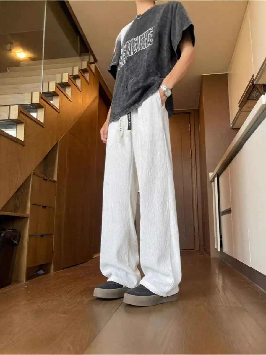 

Loose Straight Leg Men's Casual Pants Summer Hong Kong Sle Drapey Faion plus Size Casual Trousers mid Waist Long Pants