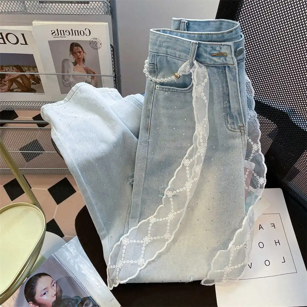 Diamond Ripped Holes Jeans Women High Waist Pearl Beading Belt Wide Leg Denim Pants Female Casual Loose Straight Jeans﻿