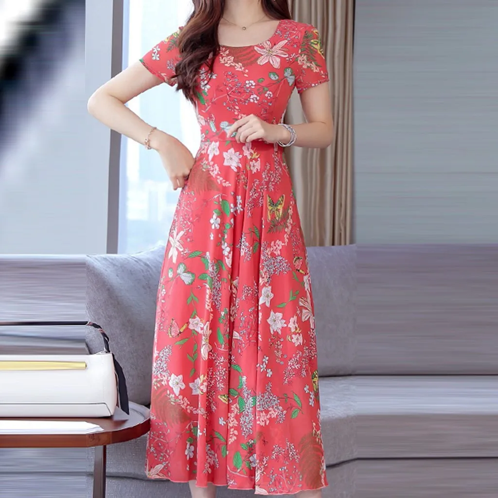 

Women'S Bohemian Print Dress Round Neck Short Sleeve High Waist Waist Slimming Dress Elegant And Beautiful Fashion Casual Dress