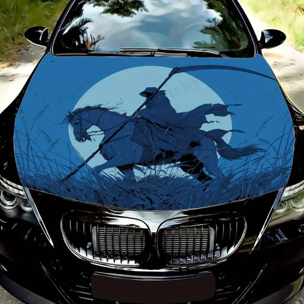 

Grim Reaper on Horseback Under a Full Moon Car Vinyl Wraps - Suitable For Most Engine Hood,Bubble-free Design,Waterproof,Cleanab