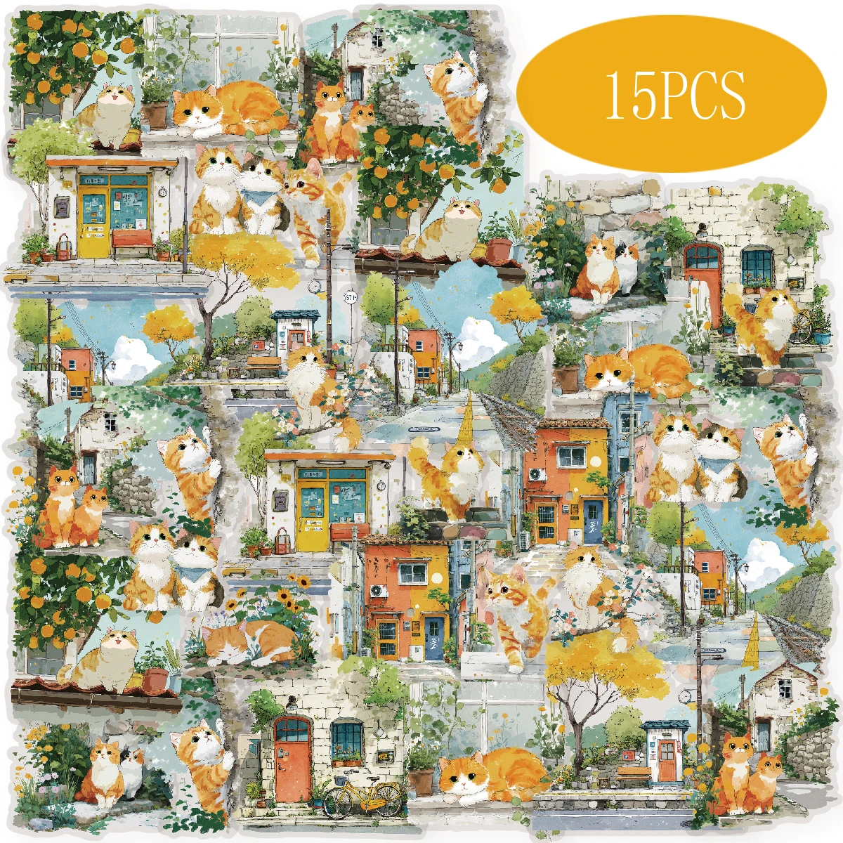 Etori Life Small Town Time 15Pcs Orange Cat and Town Street Scene Stickers Forest-Style Pastoral Decorative Materials for Notebooks, Phone Stickers, Luggage, Office Decoration Accessories, Handmade Scrapbooking Supplies, DIY Crafts, Student Gift Paper Bags, Back-To-School Season, Children's Stickers