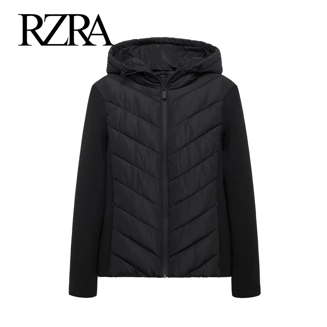 RZRA women\'s Autumn/Winter new 2024 hooded padded jacket spliced zipper pocket embellished fashion casual short jacket top