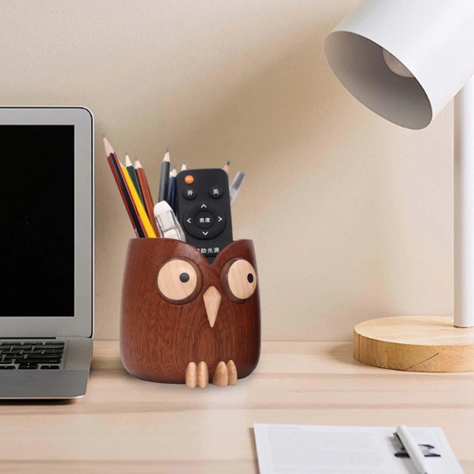 

Pencil Holder Sturdy Owl Design Tabletop Decoration Practical Makeup Brush Holder Wood Pen Cup for Office Home School Supplies