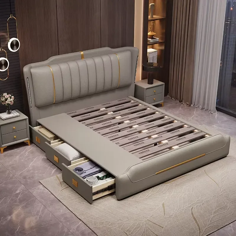 Modern Soft Floating Storage Bed Queen/King Size Platform Frame Pine Wood Leather Upholstery Tufted Adjustable Furniture