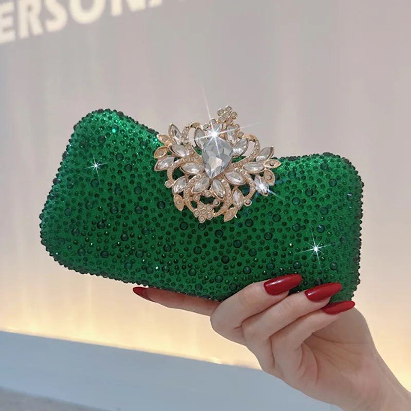 

High texture hot diamond luxury green dinner bag flower buckle diamond dress bag retro celebrity handbag