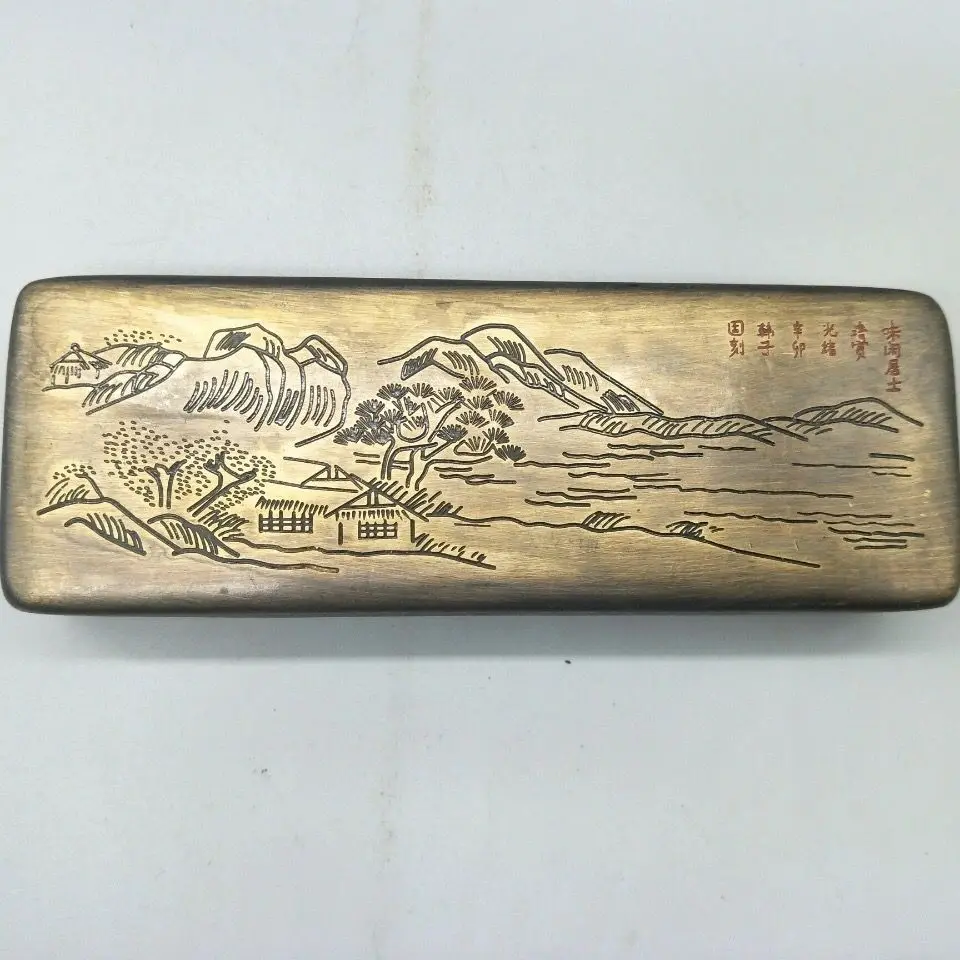 Vintage Bronze Ink Box Old Collection Calligraphy Inkstone Brass Scholar Writing Set