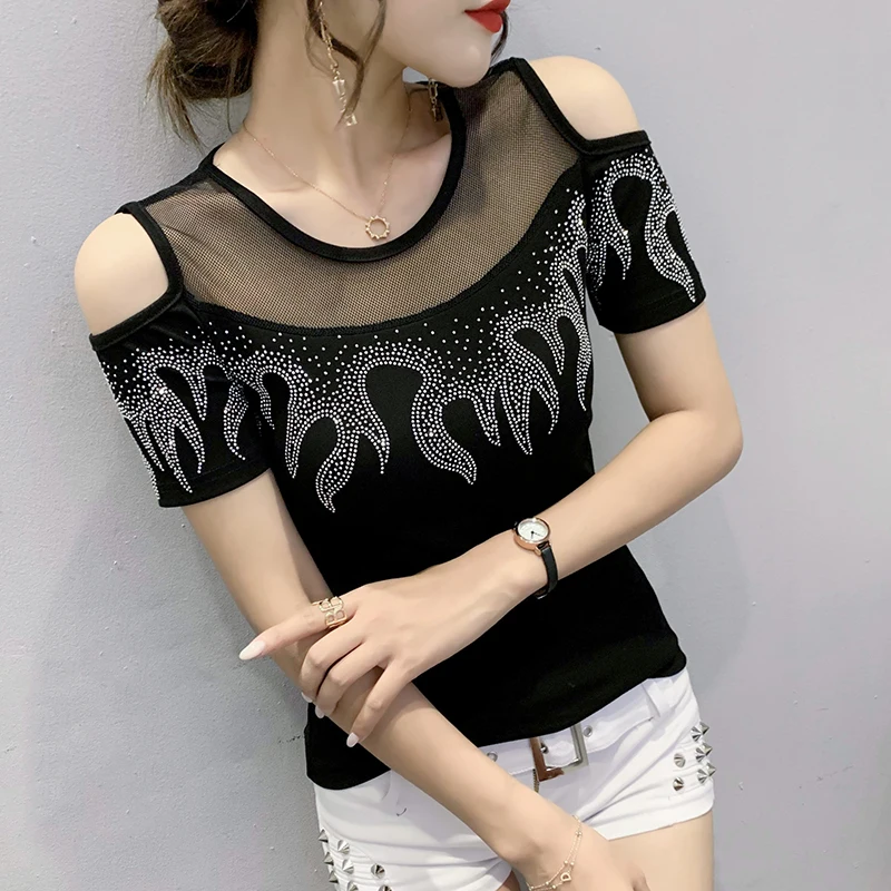 2023 nowa letnia koszulka Chic Sexy Back Off Shoulder O-Neck patchworkowy, z siatką diamenty kobiety z krótkim rękawem topy Hand Made Tees 32273