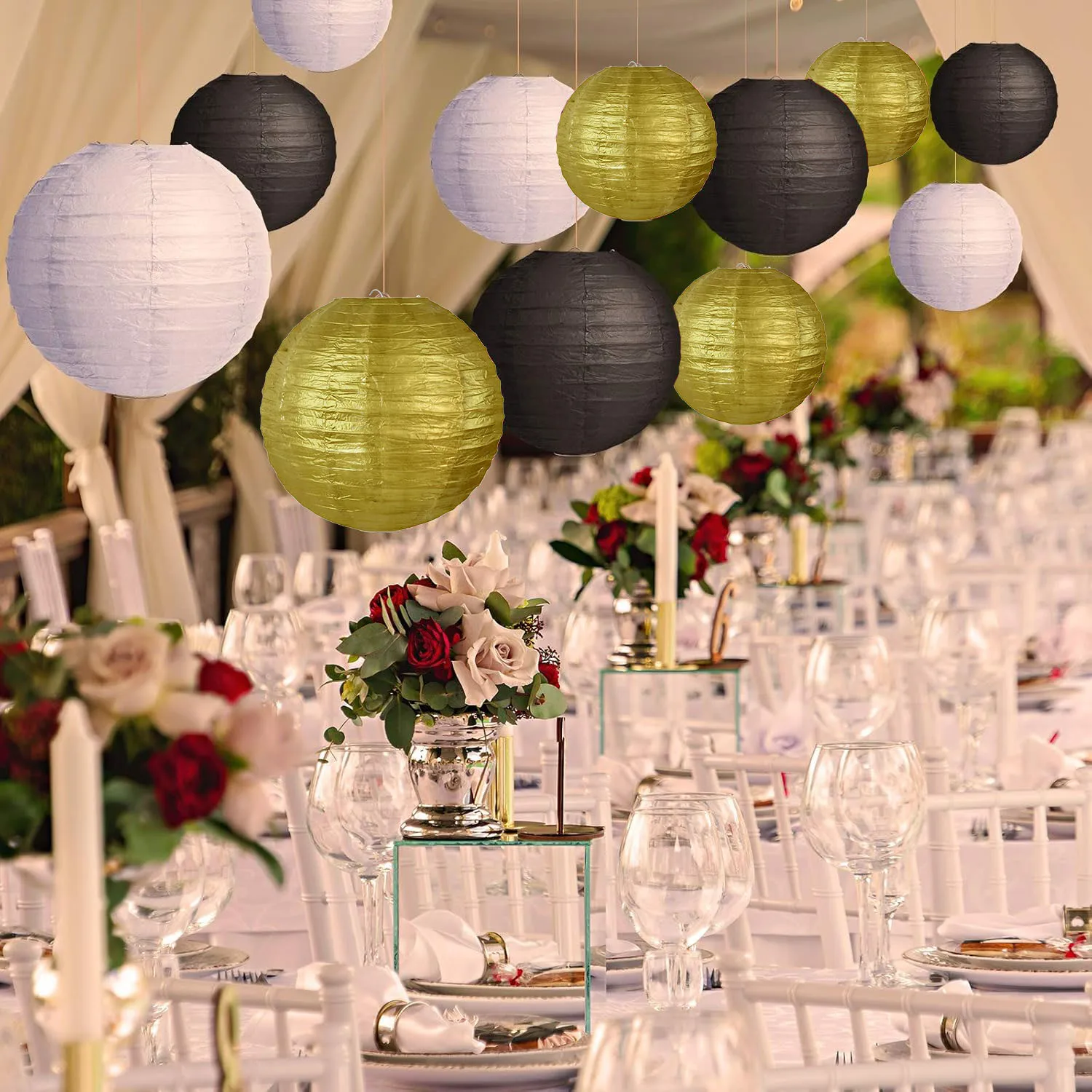 Schwarzgold-weiße runde Papierlaternen, dekorative hängende chinesische japanische Papierlaternen, Lampe für Jahrestag, Geburtstag, Hochzeit – Detail 28