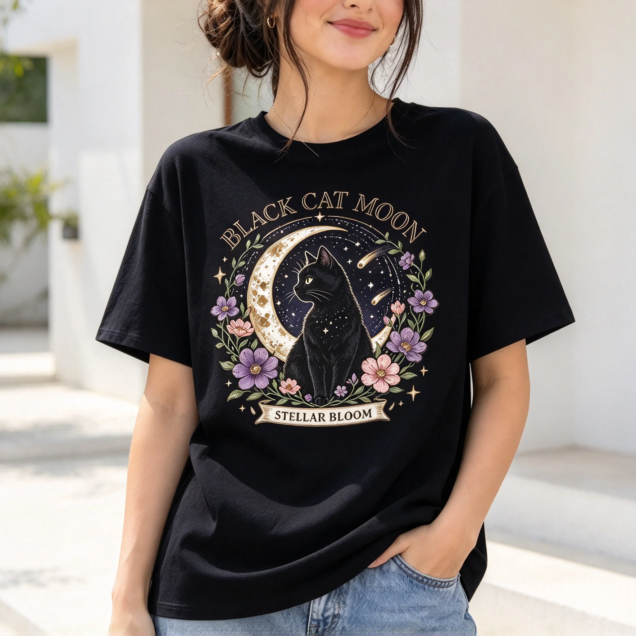 Women's Black Cat Moon Stellar Bloom Graphic T-Shirt Celestial Floral Cat Print Casual Short Sleeve