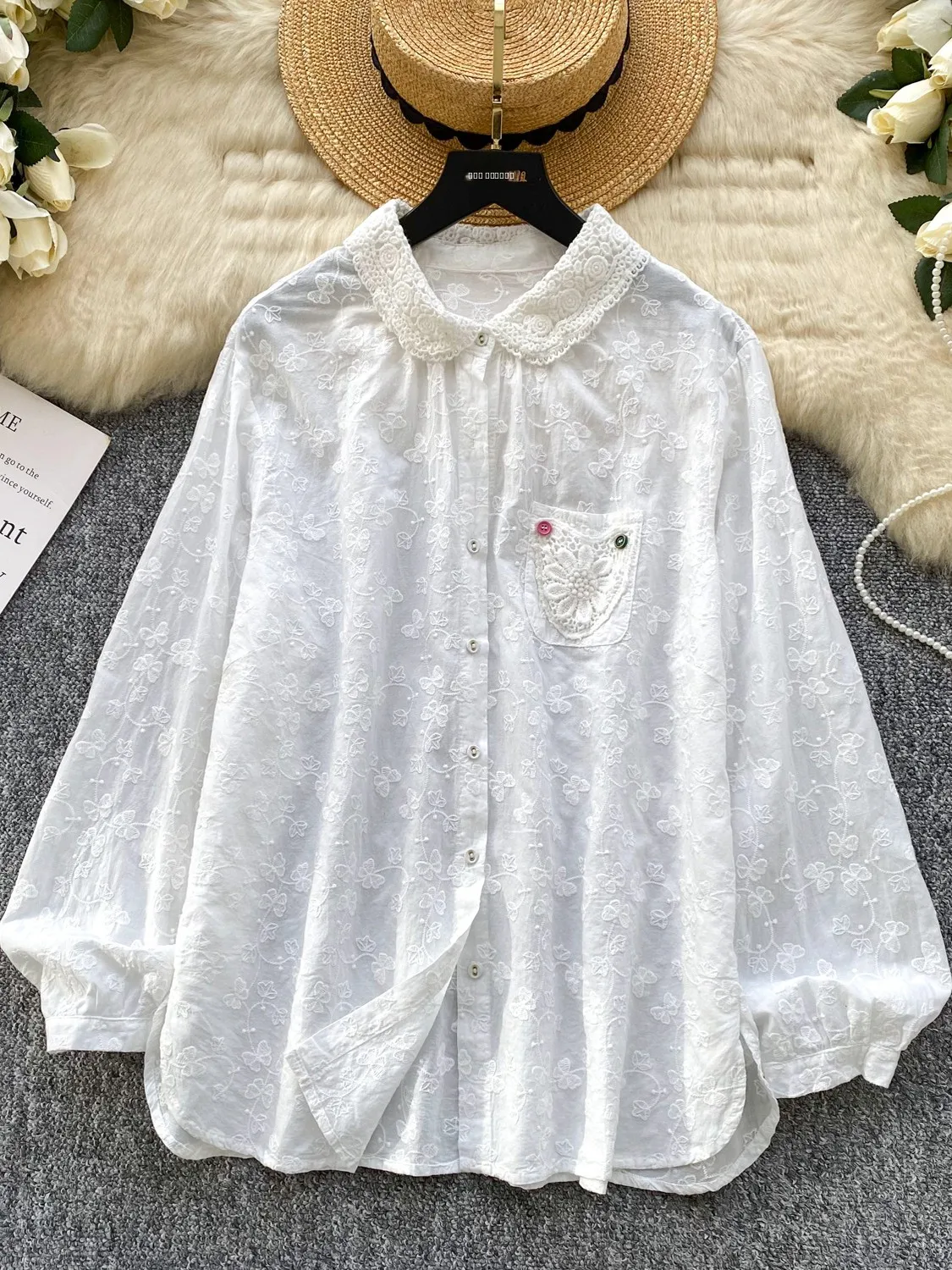 

Korean Sweet Sle Embroidered Heavy Work Lace Puffy Sve Single Button Loose Slimming Open Cardigan Women's irt