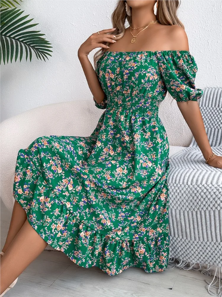 Floral Square Collar Dress Spring Summer Short Sleeved Pleated Waist Ruffle Edge A-line Skirt Mid Length Skirt Women's Clothing